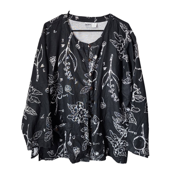 KIKO comfort clothing 100% linen top Black Floral button front lagenlook L - Picture 1 of 11